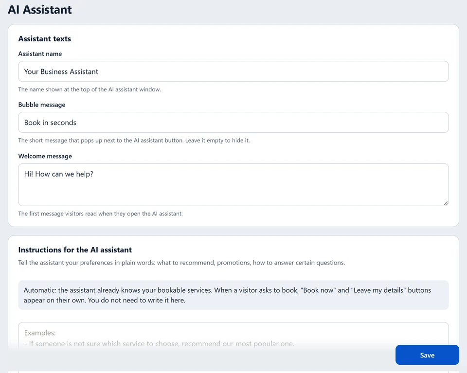 AI Assistant settings: name, bubble message and welcome message (sample data).