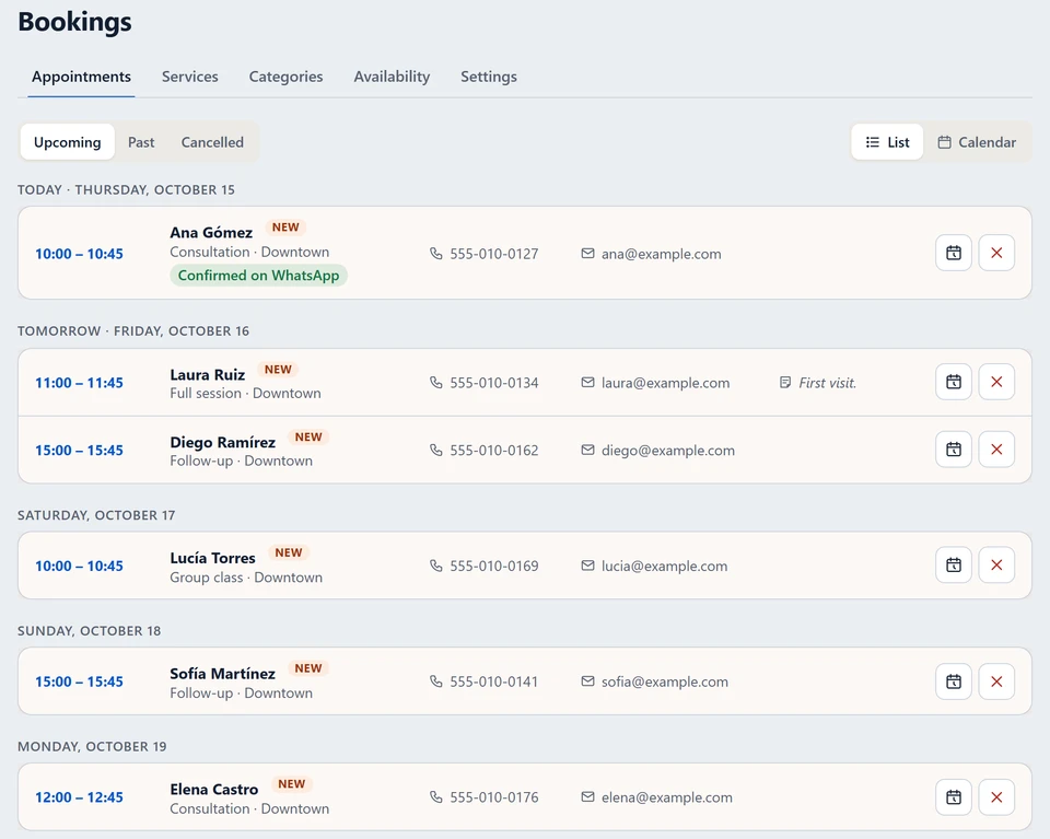 Upcoming appointments in the dashboard, one confirmed on WhatsApp (sample data).