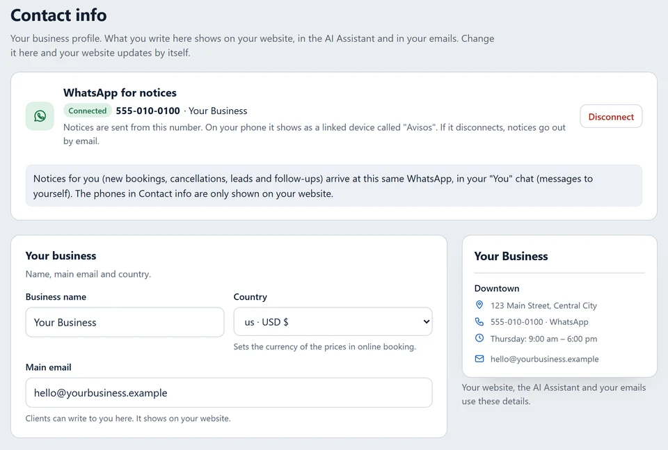 Contact info with WhatsApp connected for notices and the business details shown on the website (sample data).