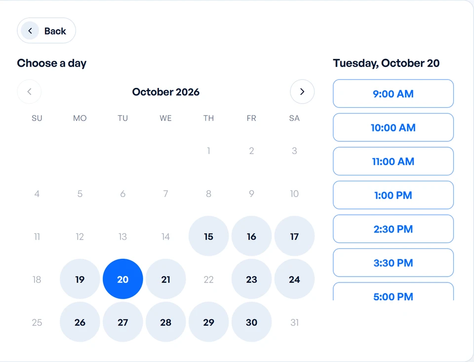 Online booking page: the visitor picks the service, the day and an open time (sample data).